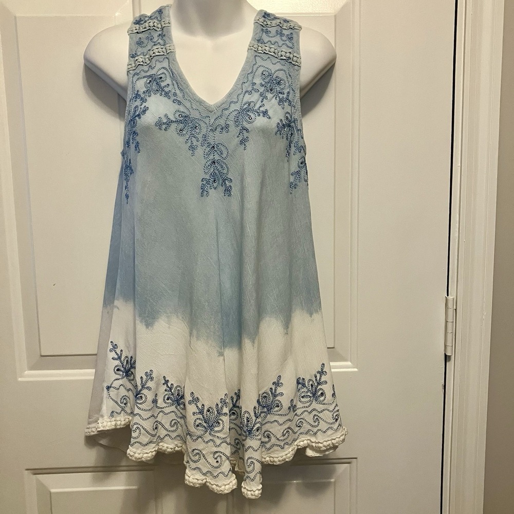 Raya Sun Small Boho Blue & White Ombré Tank Tunic Shirt Top Embroidered‎ Beads